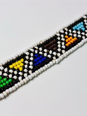 Handmade Ethnic Colorful Seed Beaded Bracelet with Blue, Orange, Green, WH & BLK